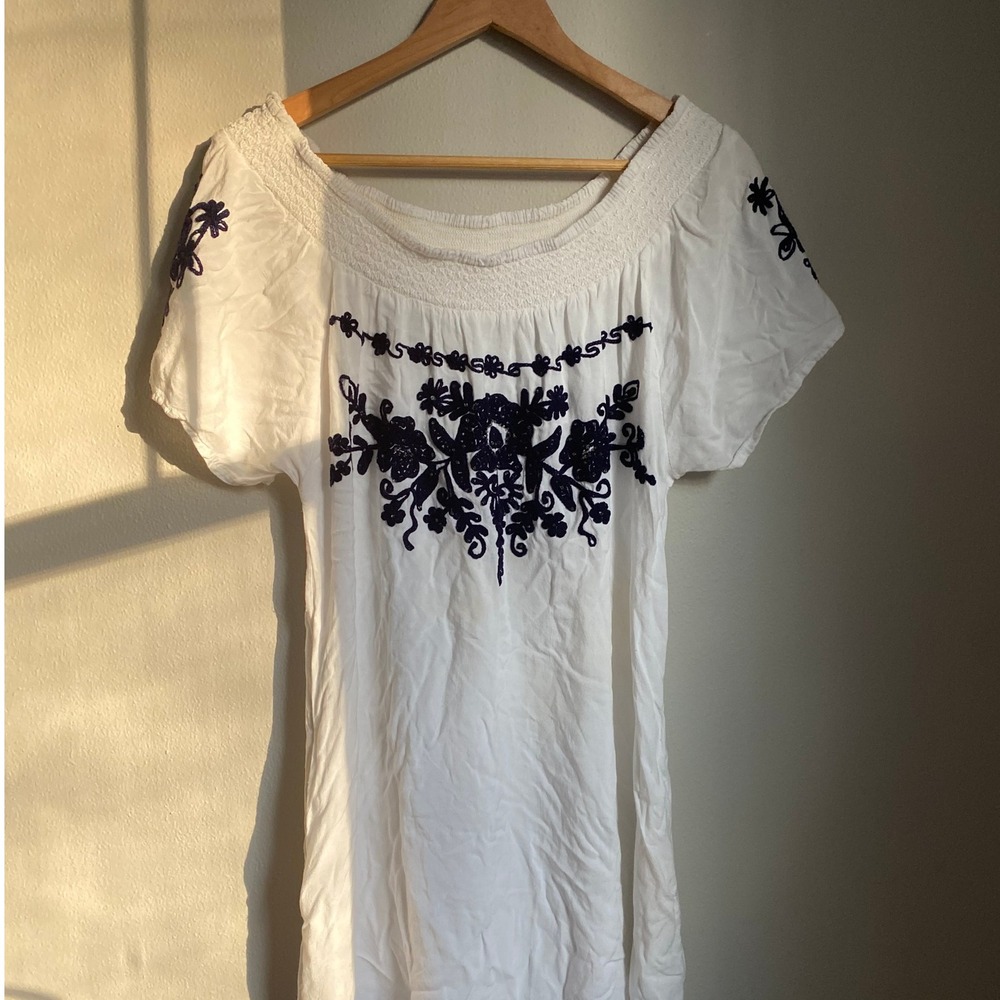 Exist Embroidered Floral Smocked Mini Dress Medium‎ Boho Festival Cottage Scandi